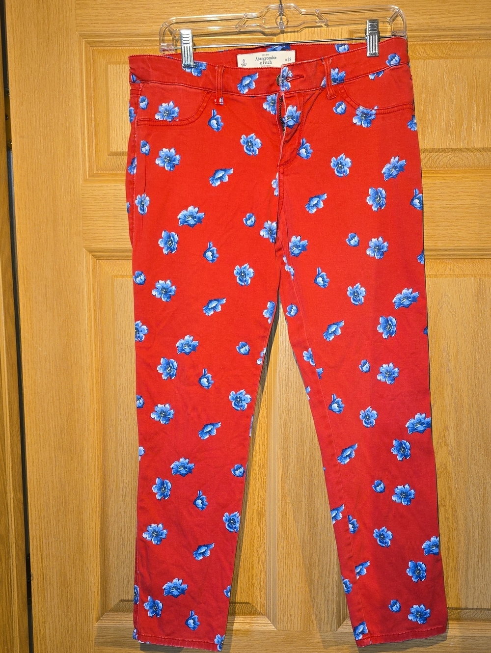 Abercrombie & Fitch Red Straight Leg Jeans with Blue Floral Print